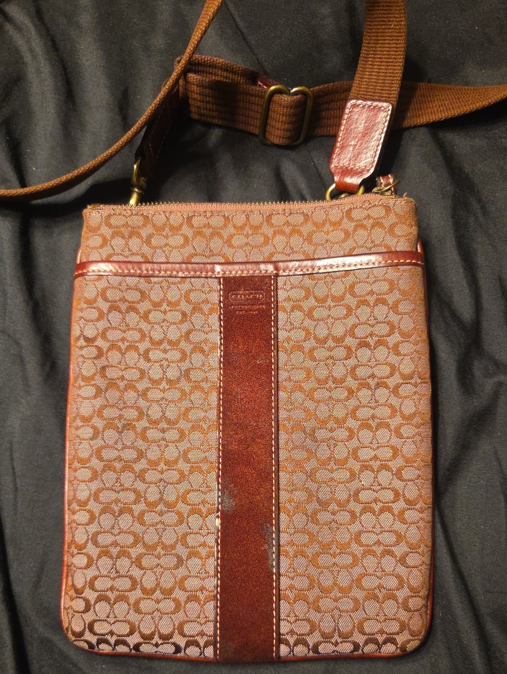 Coach Brown Signature Crossbody Bag with Rust Trim